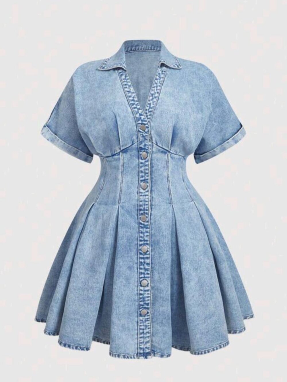 SHEIN Plus Size Denim Midi Dress with Drop-Shoulder Short Sleeves and Flared Hem